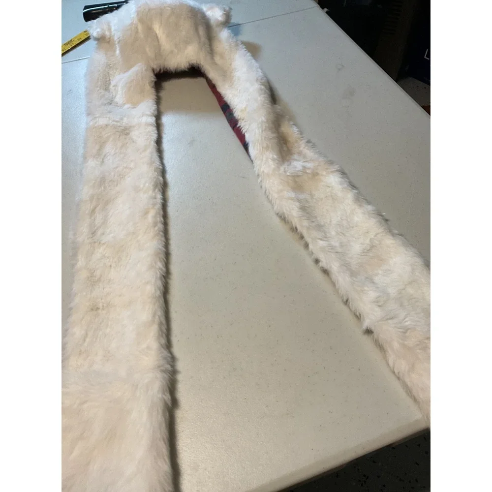 New Polar Bear Faux‎ Fur Hooded Scarf with Mittens Red Plaid Buffalo Check